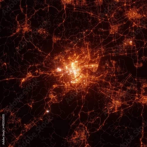 Hangzhou city lights map, top view from space. Aerial view on night street lights. Global networking, cyberspace