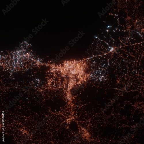 Semarang city lights map, top view from space. Aerial view on night street lights. Global networking, cyberspace