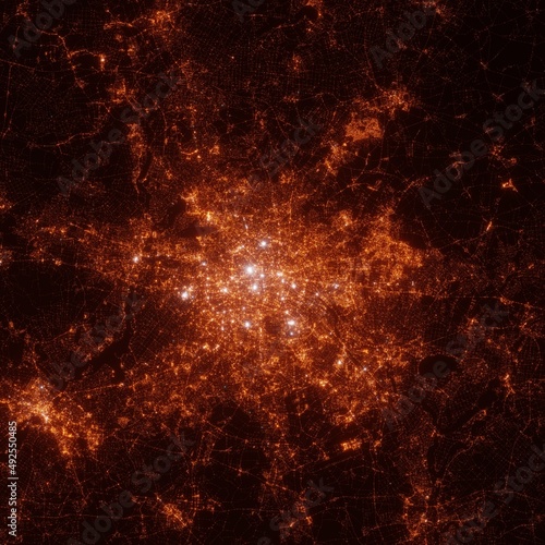 Berlin city lights map, top view from space. Aerial view on night street lights. Global networking, cyberspace
