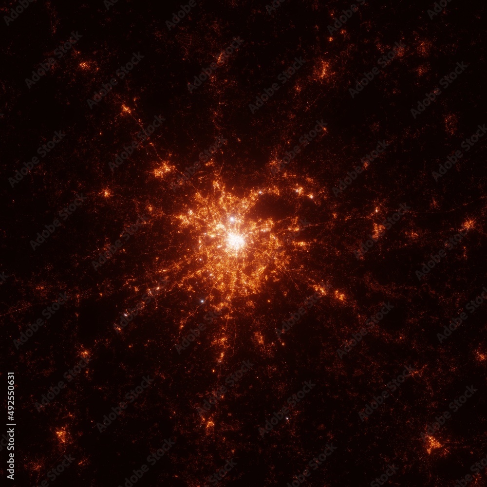 Moscow city lights map, top view from space. Aerial view on night street lights. Global networking, cyberspace Moscow city lights map, top view from space. Aerial view on night street lights. Global networking, cyberspace