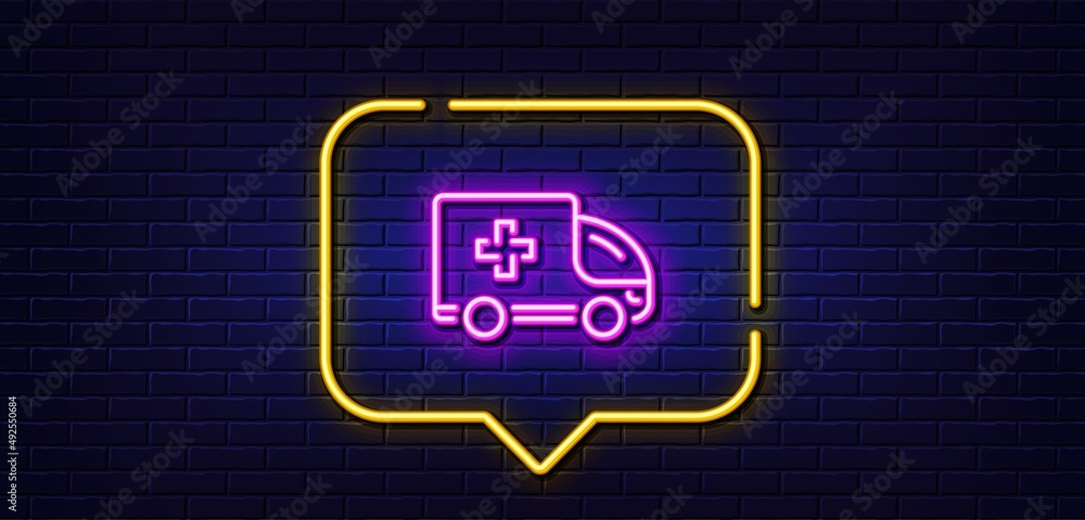 Neon light speech bubble. Ambulance emergency car line icon. Hospital transportation vehicle sign. Medical symbol. Neon light background. Ambulance emergency glow line. Brick wall banner. Vector Neon light speech bubble. Ambulance emergency car line icon. Hospital transportation vehicle sign. Medical symbol. Neon light background. Ambulance emergency glow line. Brick wall banner. Vector