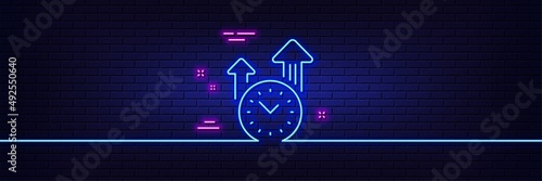Neon light glow effect. Time management line icon. Clock sign. Watch symbol. 3d line neon glow icon. Brick wall banner. Time management outline. Vector