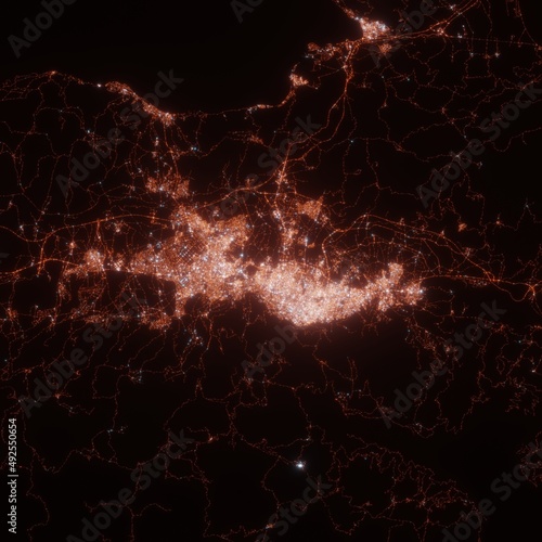 Bursa city lights map, top view from space. Aerial view on night street lights. Global networking, cyberspace