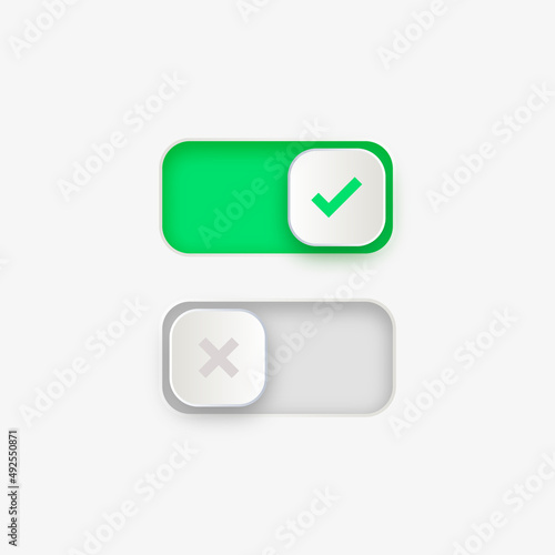 On Off toggle switch buttons, yes or no with switch slider in modern toggle, green and red switchers for user interface, apps and website	
