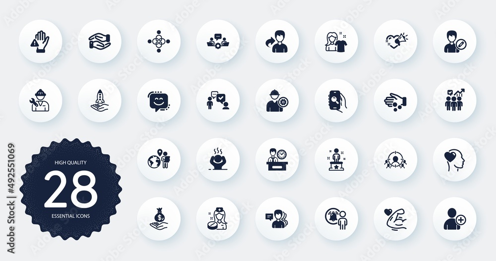 Set of People icons, such as Repairman, Search app and Smile face flat icons. Outsource work, People, Dont touch web elements. Clean shirt, Teamwork, Difficult stress signs. Circle buttons. Vector Set of People icons, such as Repairman, Search app and Smile face flat icons. Outsource work, People, Dont touch web elements. Clean shirt, Teamwork, Difficult stress signs. Circle buttons. Vector
