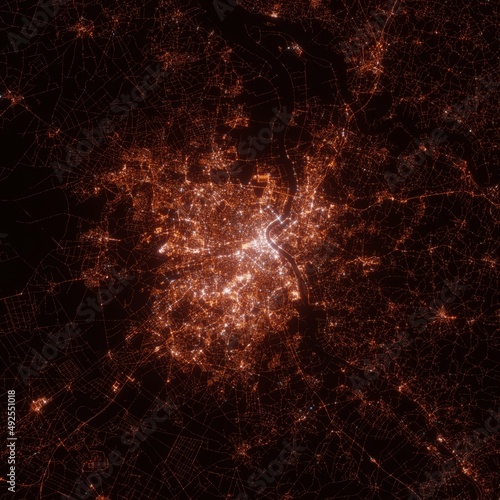 Bordeaux city lights map, top view from space. Aerial view on night street lights. Global networking, cyberspace