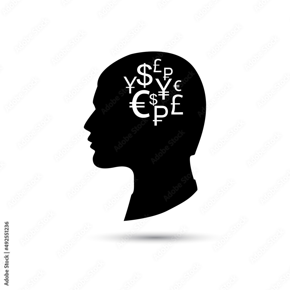 Think money concept. Head black silhouette vector Think money concept. Head black silhouette vector
