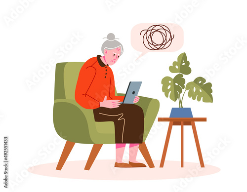 An elderly woman is experiencing a problem with a laptop, technology. Elderly man and gadget. Vector illustration concept.