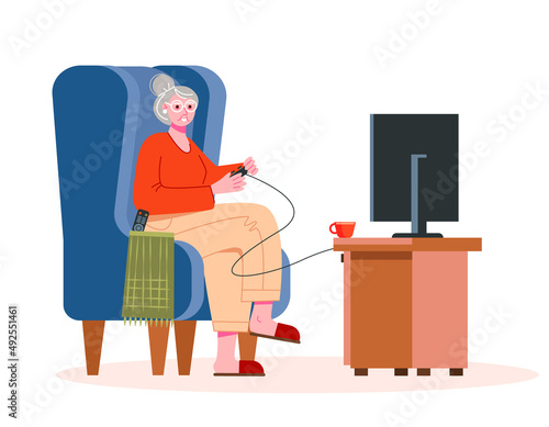 Grandma is playing video game. Elderly people and technology. Leisure and recreation in retirement. Vector illustration.