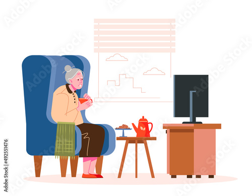 Grandma is watching TV at home with a cup of tea. Rest of the elderly. Vector illustration.