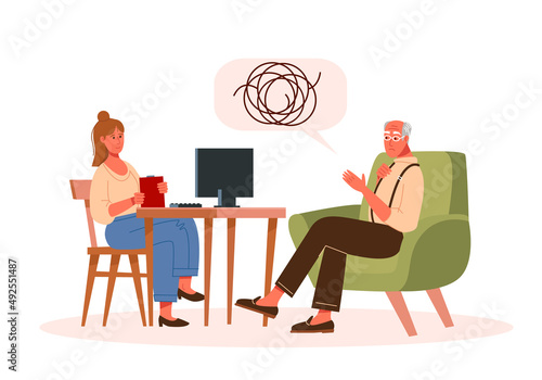 Psychotherapy session - an elderly man is talking to a psychologist sitting at the table. Mental health concept, flat style vector illustration.