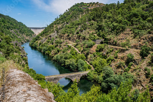 Trees and vegetation on hills in valley with river Zêzere and Filipina bridge in viewpoint with Cabril dam in the background, Pedrogão Grande PORTUGAL photo