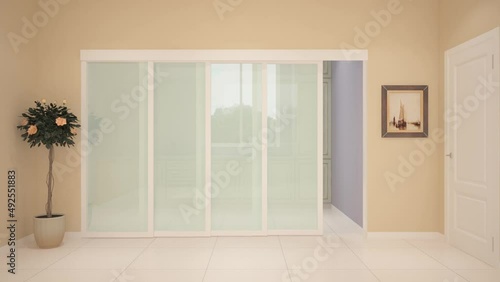 3d visualization rendering Sliding doors with glass in the interior move apart and slide, glazed movable partitions