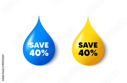 Paint drop 3d icons. Save 40 percent off tag. Sale Discount offer price sign. Special offer symbol. Yellow oil drop, watercolor blue blob. Discount promotion. Vector