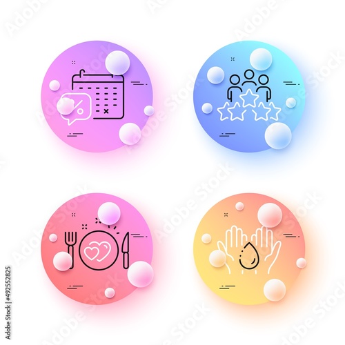Romantic dinner, Wash hands and Discounts calendar minimal line icons. 3d spheres or balls buttons. Business meeting icons. For web, application, printing. Love food, Skin care, Sale month. Vector