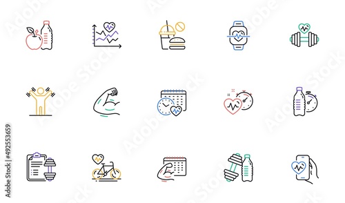 Fitness time line icons. Strong Muscle Arm, Bike Workout, Gym fit dumbbell. Training analysis, Workout plan and Cardio exercise line icons. Dumbbell sport equipment, Healthy food, Muscle. Vector