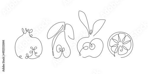 Continuous one line drawing fruits. Farmer market Logo concept. Abstract hand drawn fruits by one line. Minimalist black line sketch on white background. Fashionable trend vector illustration