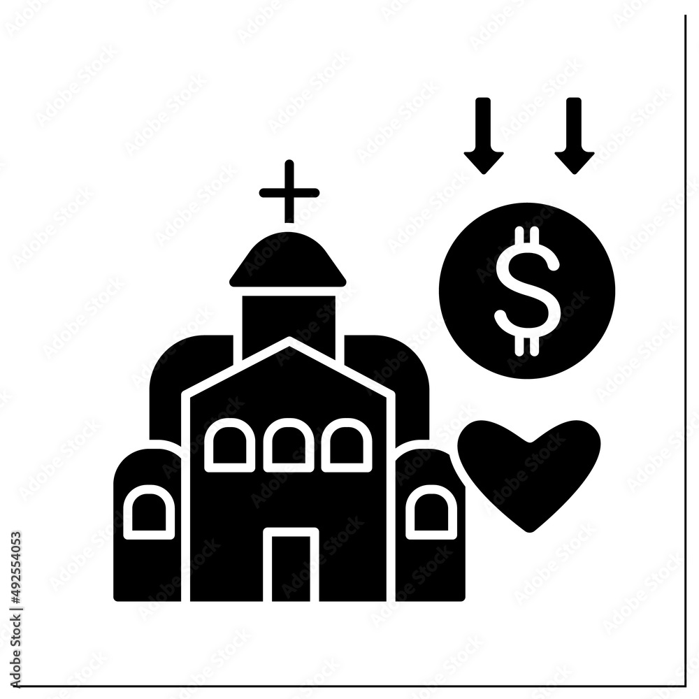 Church donation glyph icon. Ecclesiastical tithes. Donations for church restoration. Humanitarian assistance. Charity for religion. Filled flat sign. Isolated silhouette vector illustration