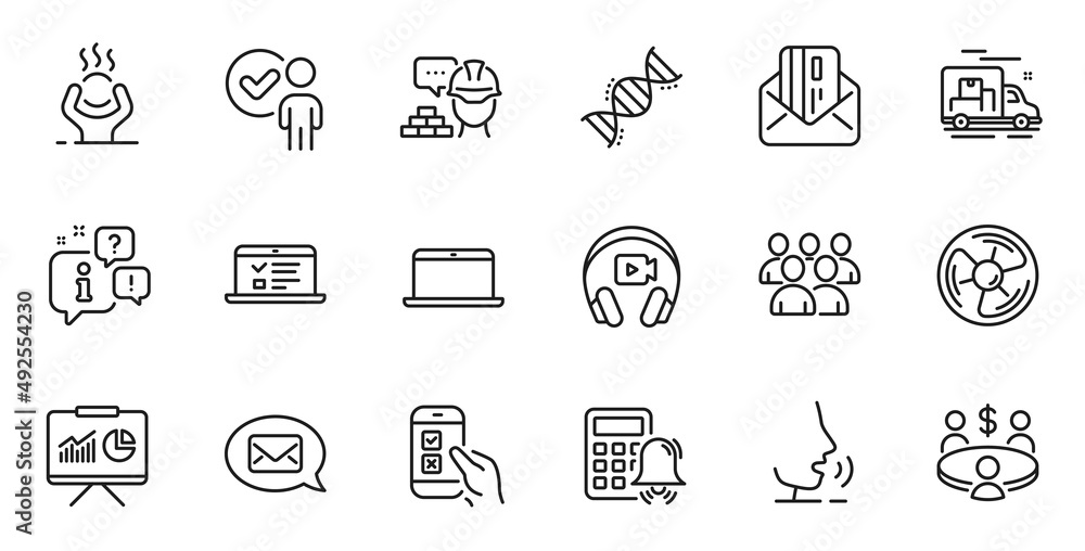 Outline set of Calculator alarm, Meeting and Presentation line icons for web application. Talk, information, delivery truck outline icon. Vector