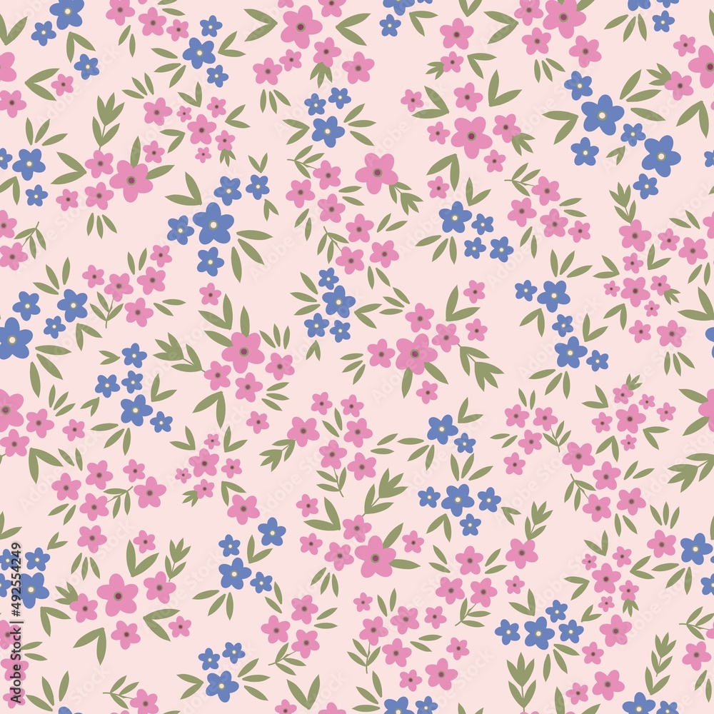 Seamless vintage pattern. Small pink and blue flowers, green leaves. Light pink background. vector texture. fashionable print for textiles, wallpaper and packaging.