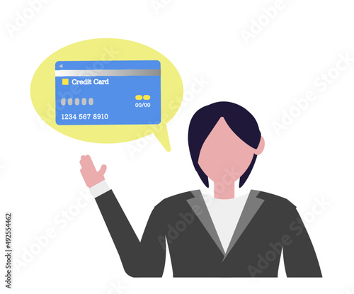 クレジットカードと説明をするスーツの女性 イラスト