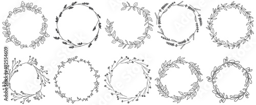 Big bundle of floral wreaths. Vector hand drawn monogram