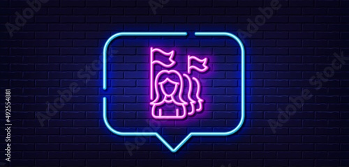 Neon light speech bubble. Feminism line icon. Women protest sign. People with flags symbol. Neon light background. Feminism glow line. Brick wall banner. Vector