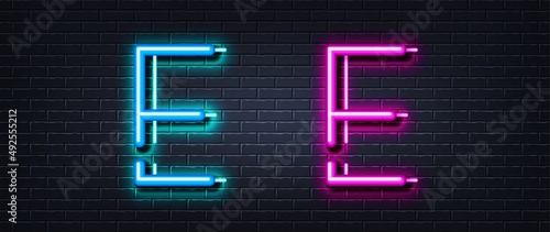 Initial letter E icon. Neon light line effect. Line typography character sign. Large first font letter. Glowing neon light element. Letter E glow 3d line. Brick wall banner. Vector