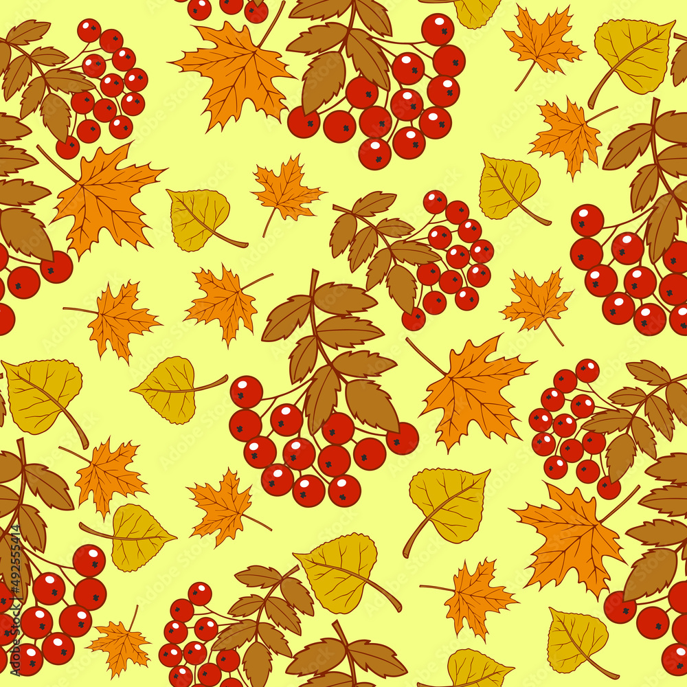 Vector illustration of plants in autumn, yellow leaves and red rowan berries