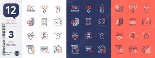 Set of Medical help, Business statistics and New mail line icons. Include Employee benefits, Coins, Swipe up icons. Star, Coffee cocktail, Technical documentation web elements. Lingerie. Vector