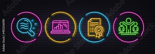 Certificate, Skin condition and Graph laptop minimal line icons. Neon laser 3d lights. Winner icons. For web, application, printing. Verified document, Search magnifier, Mobile report. Vector