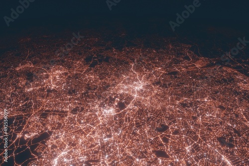 Birmingham aerial view at night. Top view on modern city with street lights