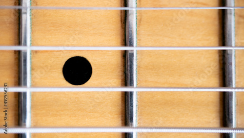 Bilde på lerret Stringed instrument music background, macro detail of metal chords on electric g