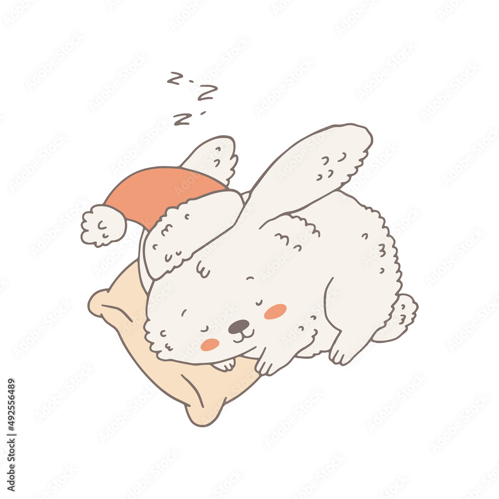 Cute cartoon rabbit or bunny in Santa hat sleeping on pillow, doodle vector illustration isolated on white background. Cute cartoon rabbit or bunny in Santa hat sleeping on pillow, doodle vector illustration isolated on white background.