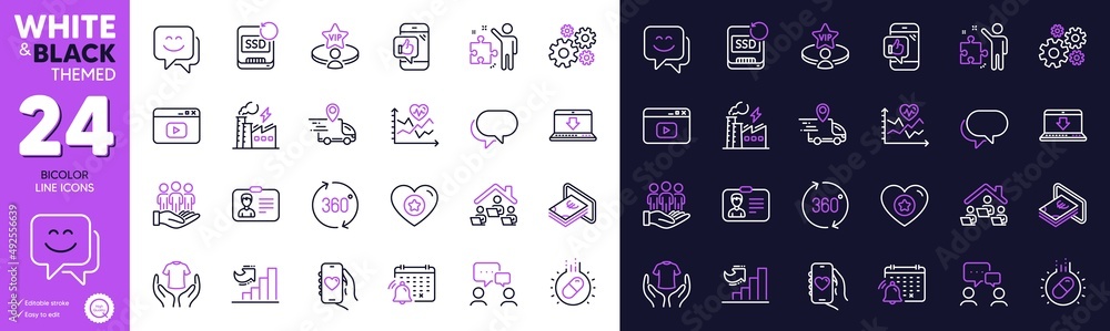 Hold t-shirt, Cogwheel and Mobile like line icons for website, printing. Collection of Cash, Smile face, Work home icons. Talk bubble, Vip table, Delivery truck web elements. Vector Hold t-shirt, Cogwheel and Mobile like line icons for website, printing. Collection of Cash, Smile face, Work home icons. Talk bubble, Vip table, Delivery truck web elements. Vector