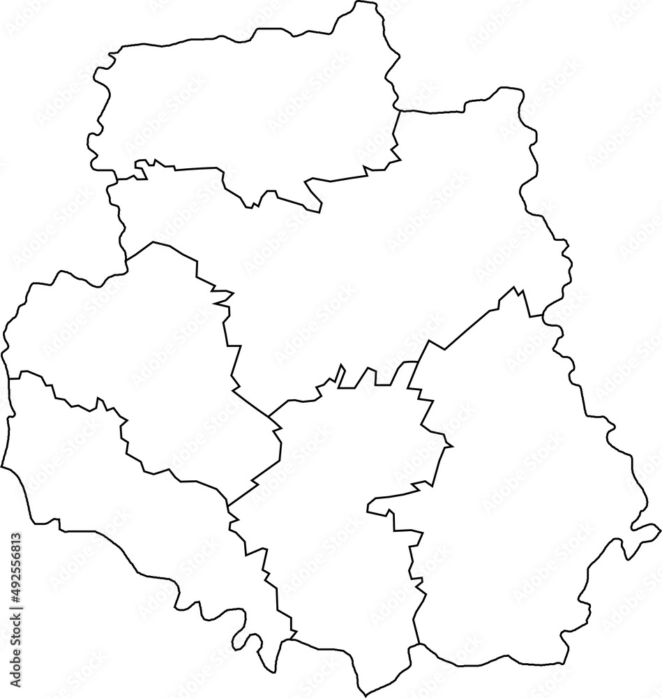 Obraz premium White flat blank vector map of raion areas of the Ukrainian administrative area of VINNYTSIA OBLAST, UKRAINE with black border lines of its raions