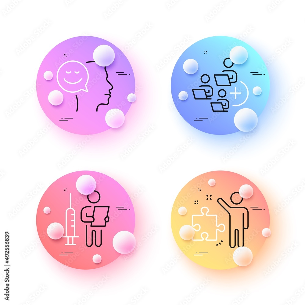 Good mood, Strategy and Vaccination announcement minimal line icons. 3d spheres or balls buttons. Add team icons. For web, application, printing. Vector Good mood, Strategy and Vaccination announcement minimal line icons. 3d spheres or balls buttons. Add team icons. For web, application, printing. Vector