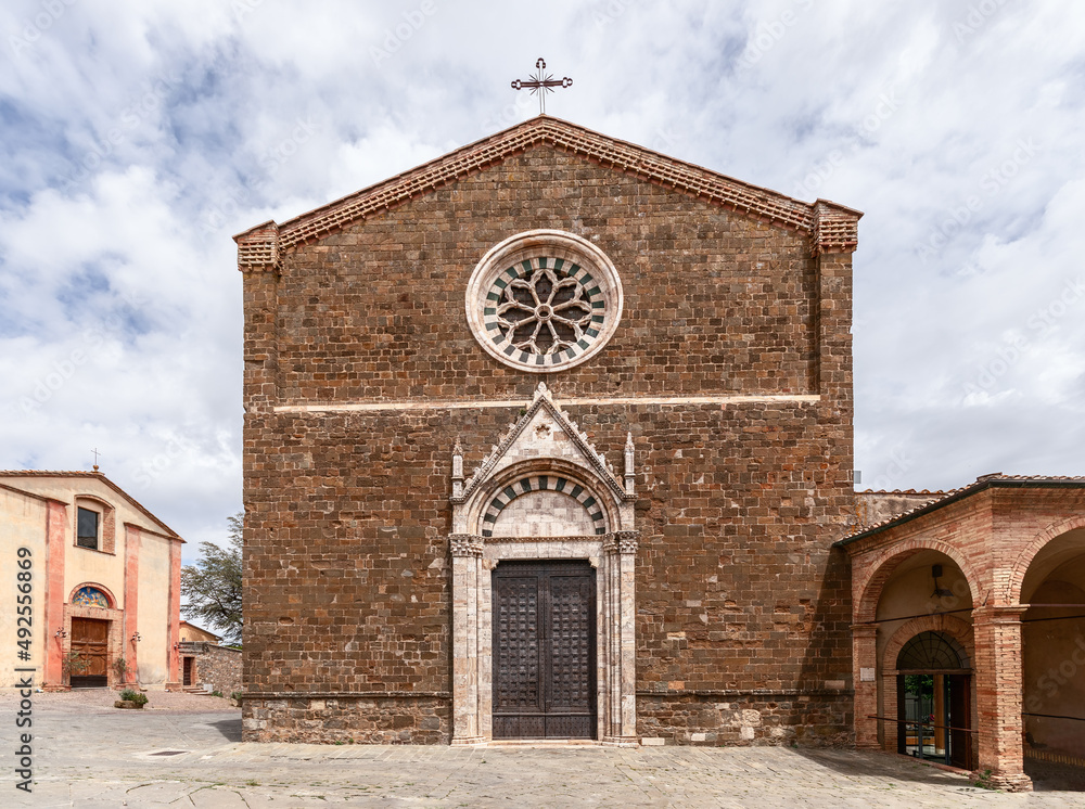 Chiesa di Sant'Agostino church exterior with Rose window and Gothic main entrance. Montalcino, Tuscany, Italy