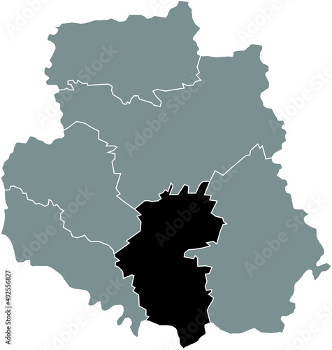 Black flat blank highlighted location map of the TULCHYN RAION inside gray raions map of the Ukrainian administrative area of Vinnytsia Oblast, Ukraine photo