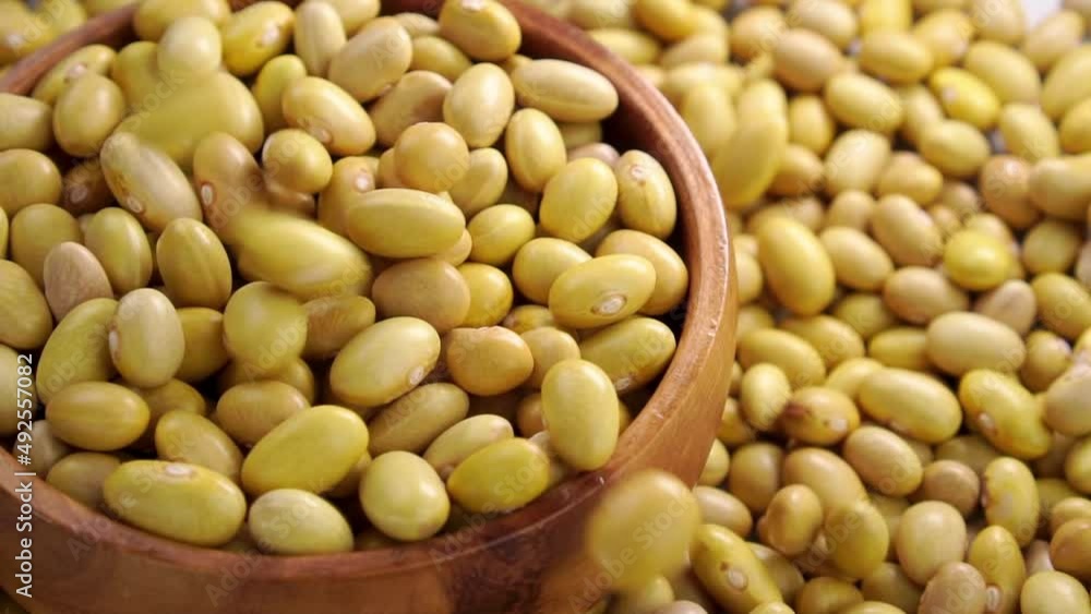 Raw Canary (peruvian) yellow beans falling into a rustic wooden bowl. Dry peruano legumes. Close up. Slow motion
