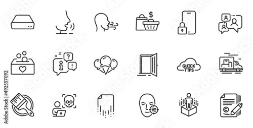 Outline set of Breathing exercise, Quick tips and Donation line icons for web application. Talk, information, delivery truck outline icon. Include Open door, Cyber attack, Brush icons. Vector