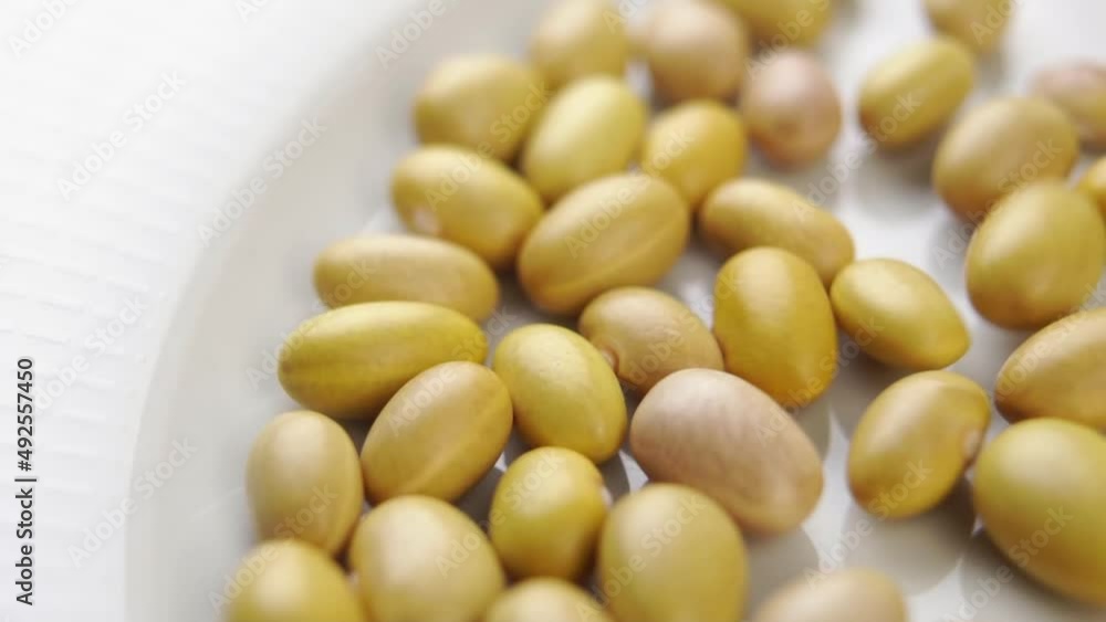 Uncooked peruvian bean on a white rotating dish. Falling Mayocoba grains. Macro. Canary legumes. Slow motion Uncooked peruvian bean on a white rotating dish. Falling Mayocoba grains. Macro. Canary legumes. Slow motion