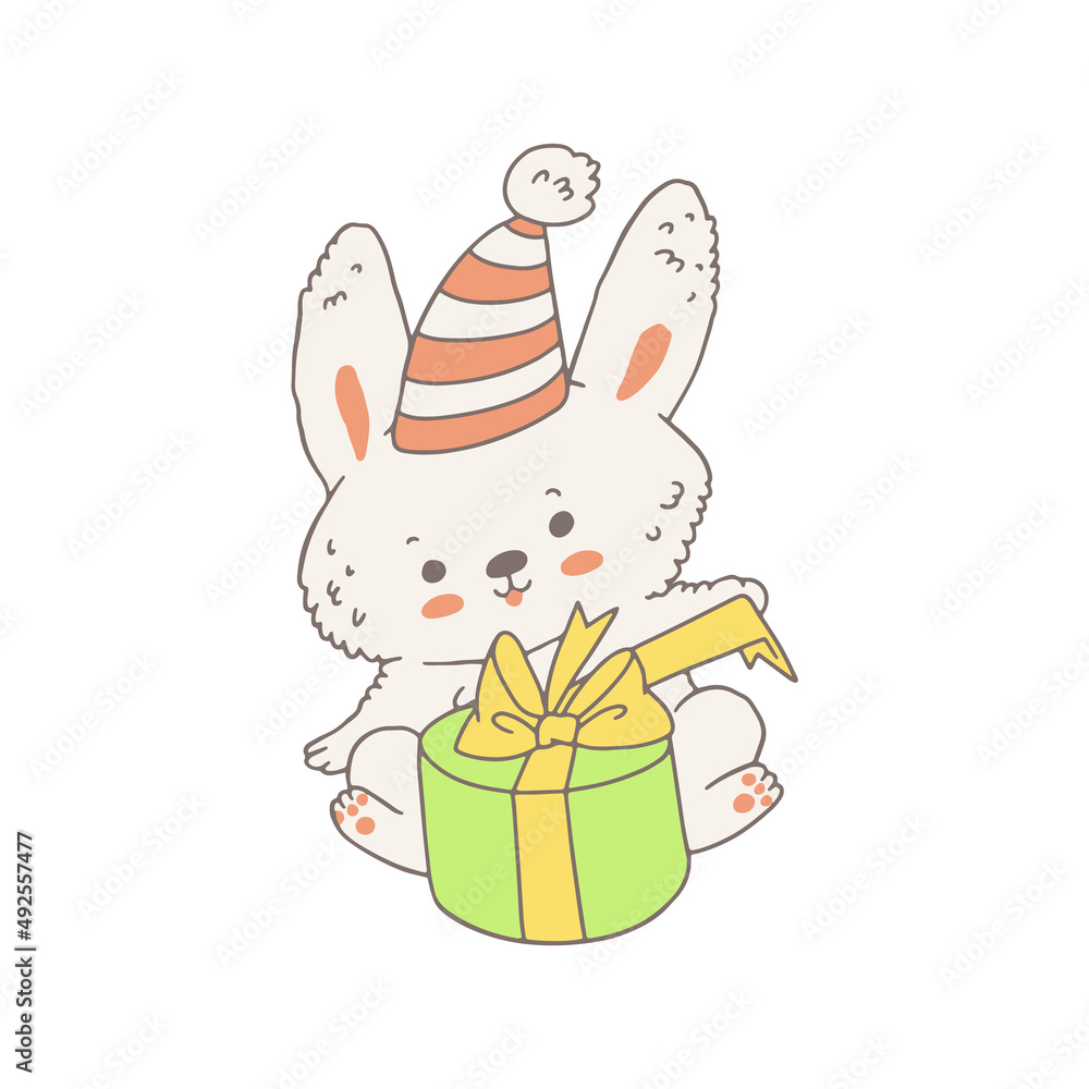 Naklejka premium Rabbit or bunny in hat and with gift box, doodle vector illustration isolated.
