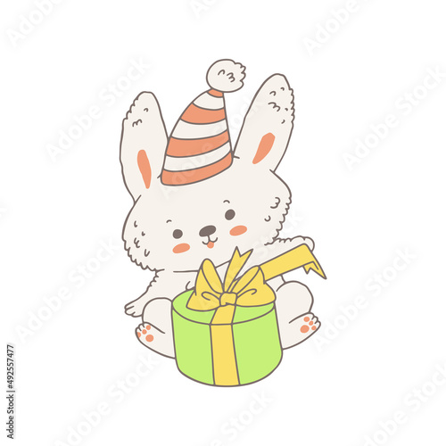 Rabbit or bunny in hat and with gift box  doodle vector illustration isolated.