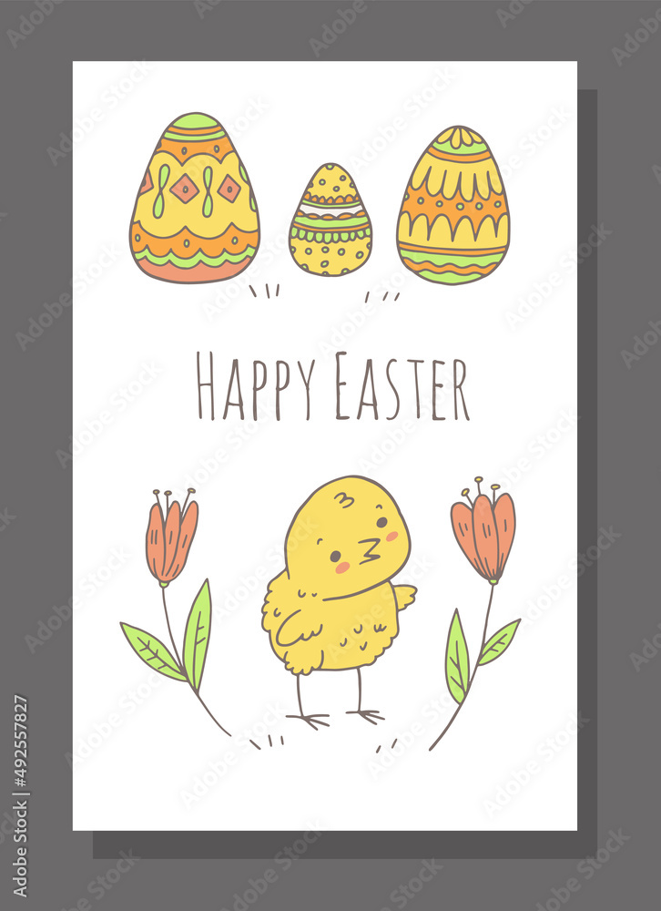 Fototapeta premium Cute Easter poster with yellow chick in flowers and decorated eggs, cartoon vector illustration.