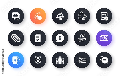 Minimal set of Software bug, Group and Info flat icons for web development. Discounts app, Paper clip, Teamwork chart icons. Handout, Puzzle, Swipe up web elements. Salary. Vector