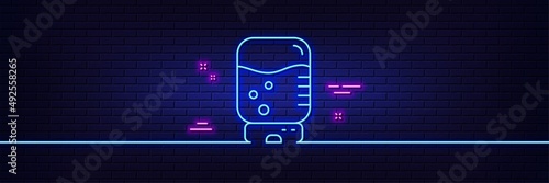 Neon light glow effect. Water cooler bottle line icon. Still aqua drink sign. Liquid symbol. 3d line neon glow icon. Brick wall banner. Water cooler outline. Vector