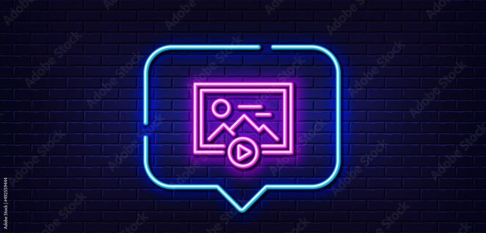 Neon light speech bubble. Start presentation line icon. Photo image thumbnail sign. Picture placeholder symbol. Neon light background. Start presentation glow line. Brick wall banner. Vector Neon light speech bubble. Start presentation line icon. Photo image thumbnail sign. Picture placeholder symbol. Neon light background. Start presentation glow line. Brick wall banner. Vector