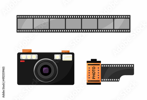 90s photo camera, film roll and filmstrip isolated. Retro camera of photographer. Set of photo equipment from 1980s and 1990s. Vector flat illustration