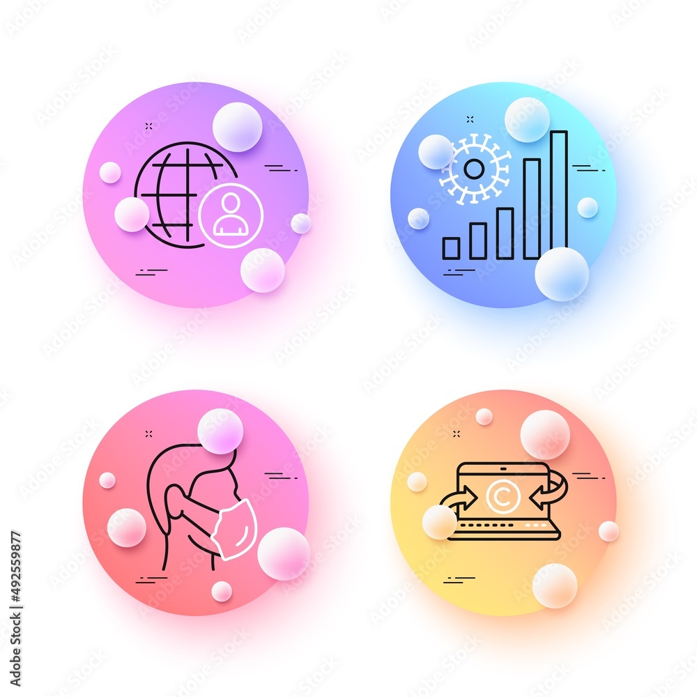 Copywriting notebook, International recruitment and Medical mask minimal line icons. 3d spheres or balls buttons. Coronavirus statistics icons. For web, application, printing. Vector Copywriting notebook, International recruitment and Medical mask minimal line icons. 3d spheres or balls buttons. Coronavirus statistics icons. For web, application, printing. Vector